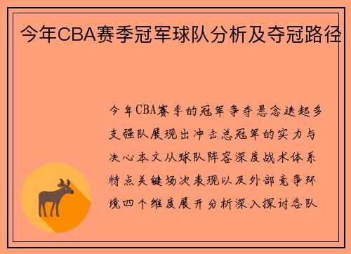 今年CBA赛季冠军球队分析及夺冠路径